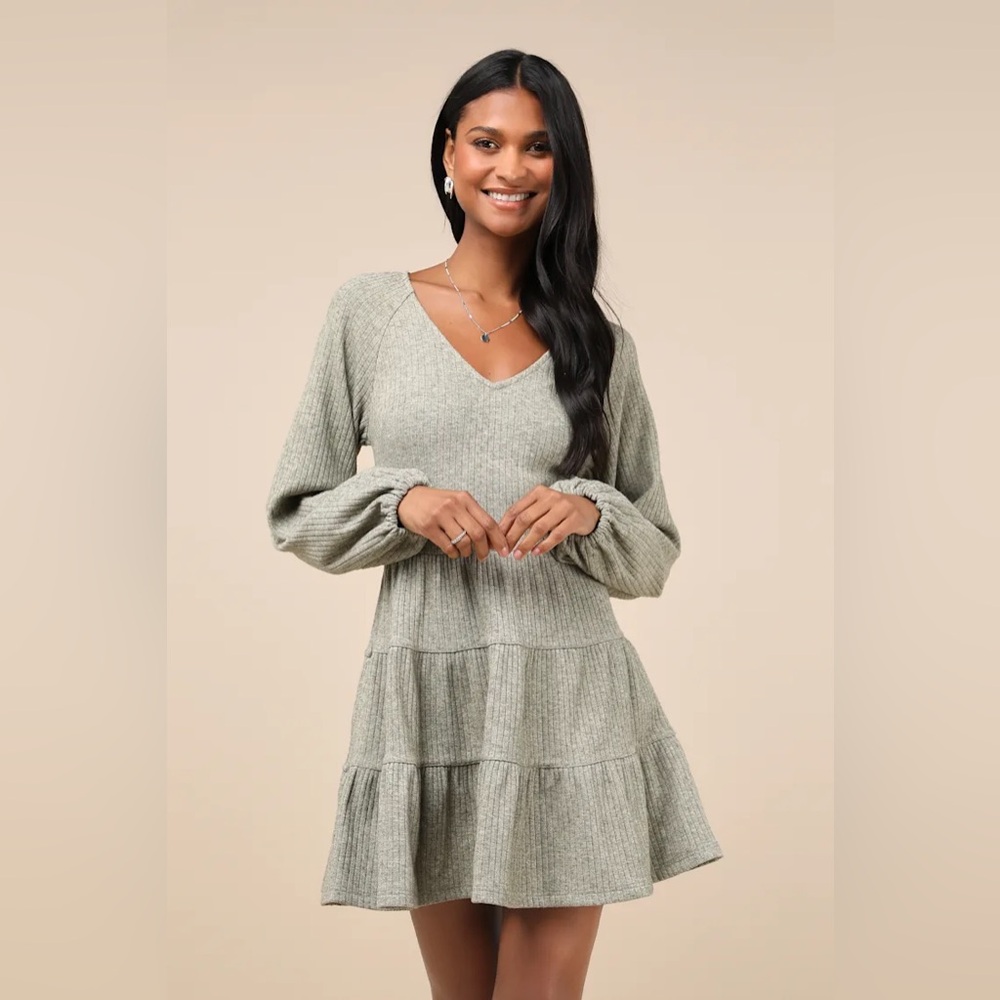Lulu's Adorable Option Heather Green Long Sleeve Mini Sweater Dress size Small‎